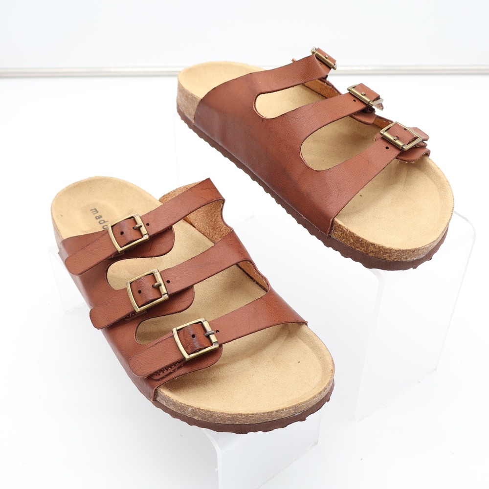Madden Girl G-Percy Cognac Brown Triple Buckle Slide Sandals 6
